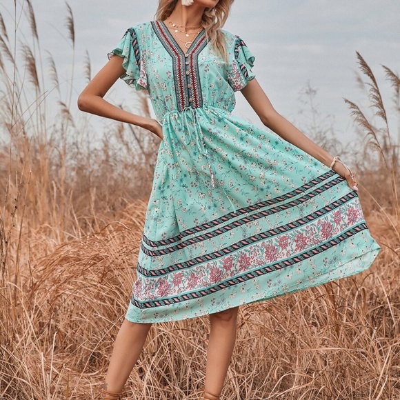 Boho Mint V Neck Button Ruffle Short Sleeve Dress - Picture 5 of 5